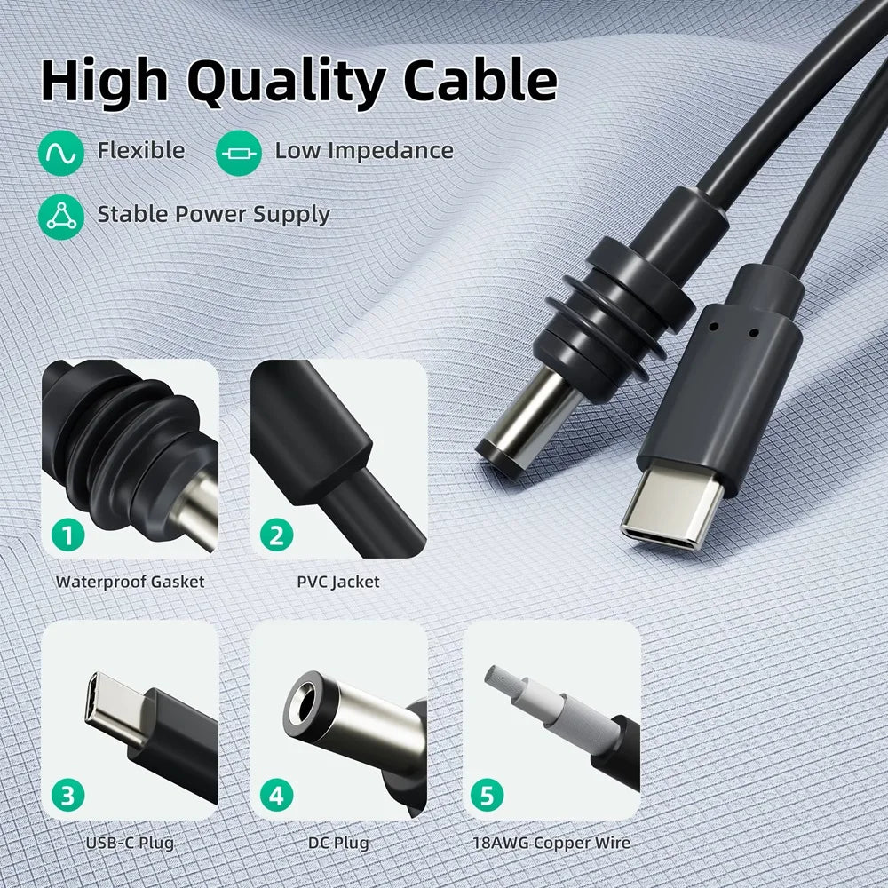 Starlink Mini 2M (6.6ft) DC Power Type-C Replacement Cable – Waterproof Outdoor Barrel Jack Charging Cable