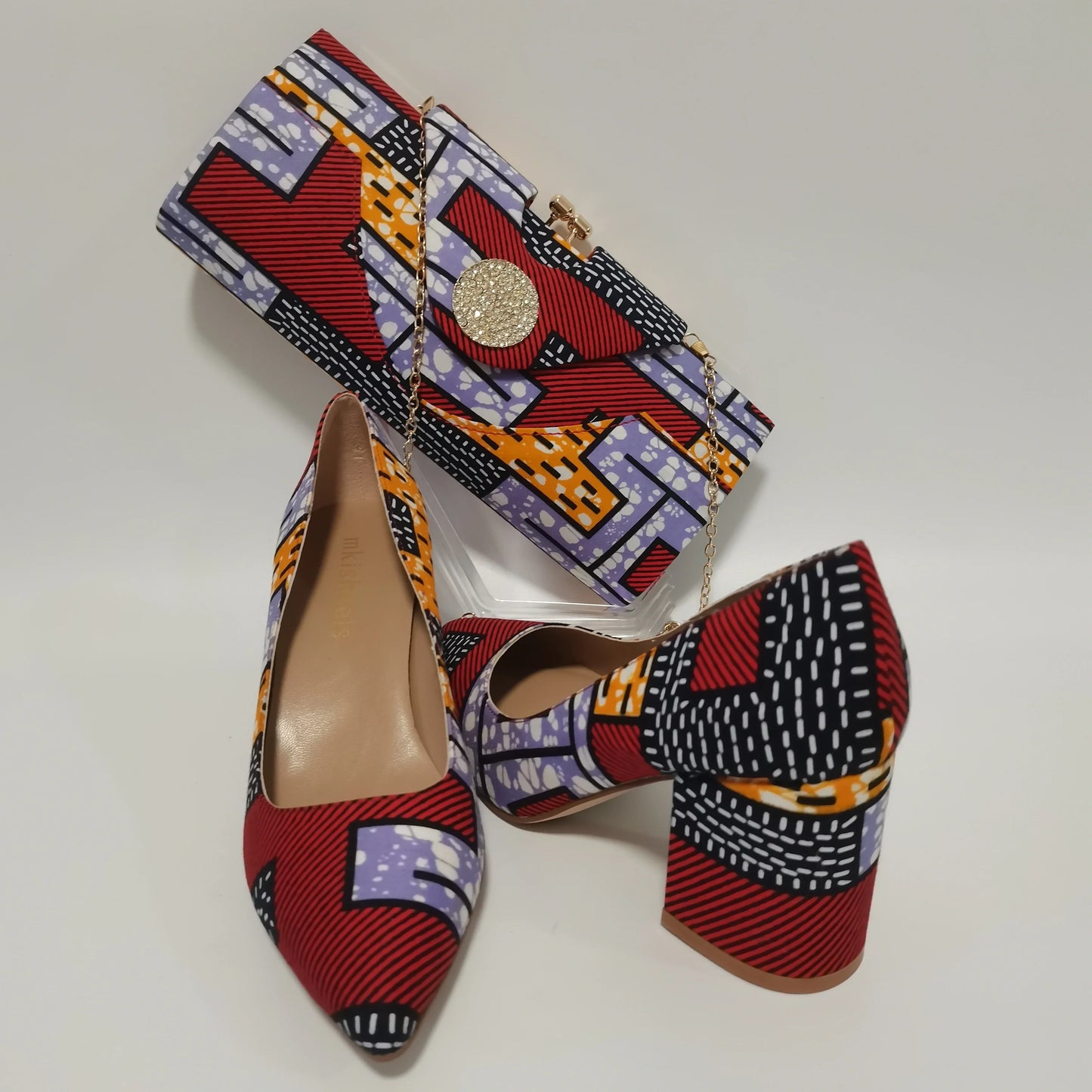 African Kente Print Women’s Shoe & Purse Set - Ankara Wax Print High Heels for Parties, Sizes 37-42