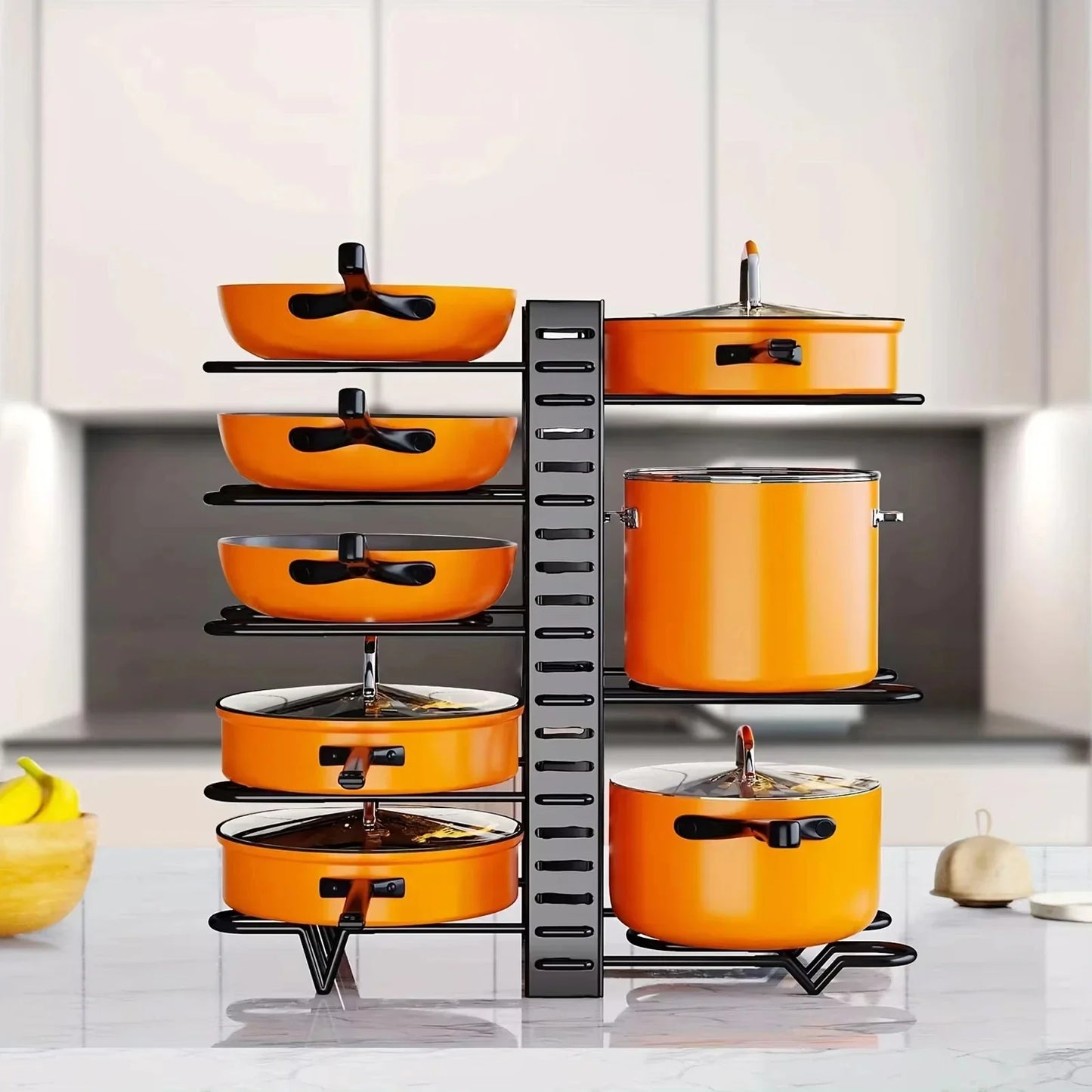 8 Tier Pot Rack Organizer - Space Saving Metal Holder for Pots, Pans & Lids Kitchen Storage Rack