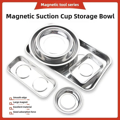 Magnetic Stainless Steel Parts Tray - Round & Square Bowl Organizer for Screws, Nuts, Bolts and Small Parts Storage