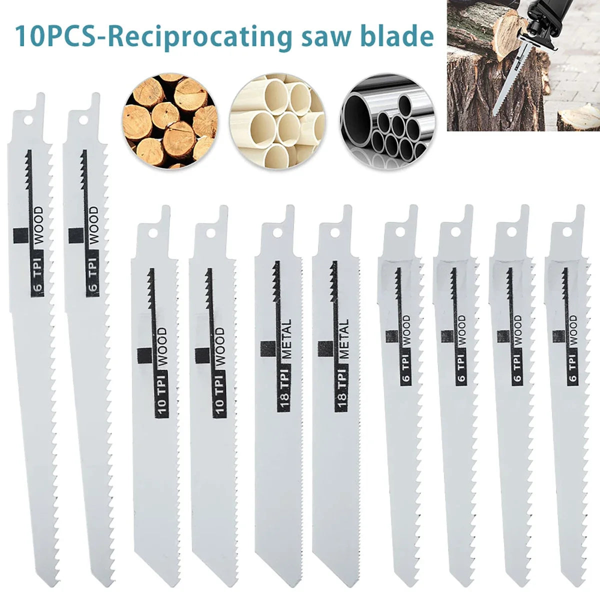 10PCS Reciprocating Saw Blades - Multi Material Cutting Set for Wood Metal Plastic Pipe and Power Tools