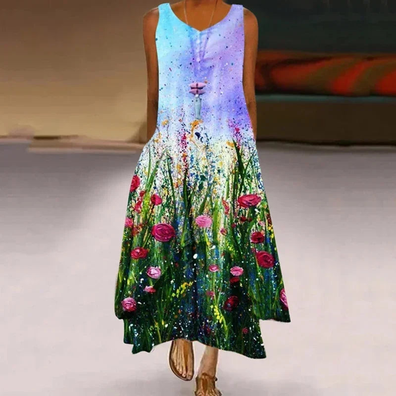 Women’s Dandelion Print Maxi Dress - Sleeveless Casual Summer Long Dress for Stylish Everyday Wear