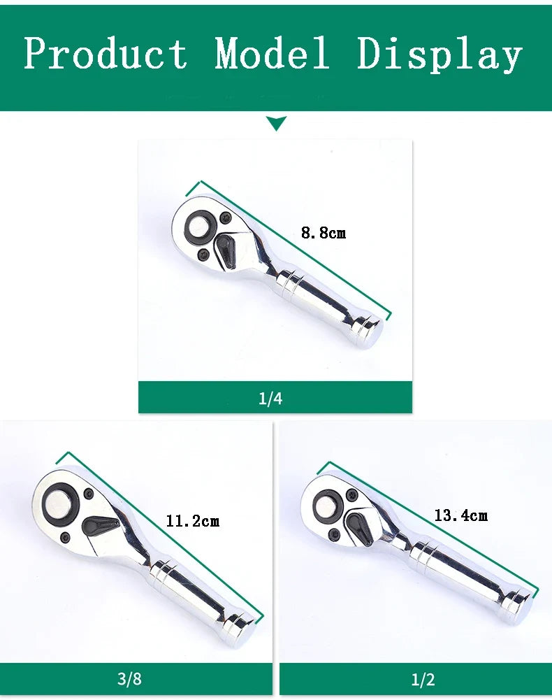 72-Tooth Mini Ratchet Wrench - 1/4, 3/8 & 1/2 Inch Short Handle Repair Tool
