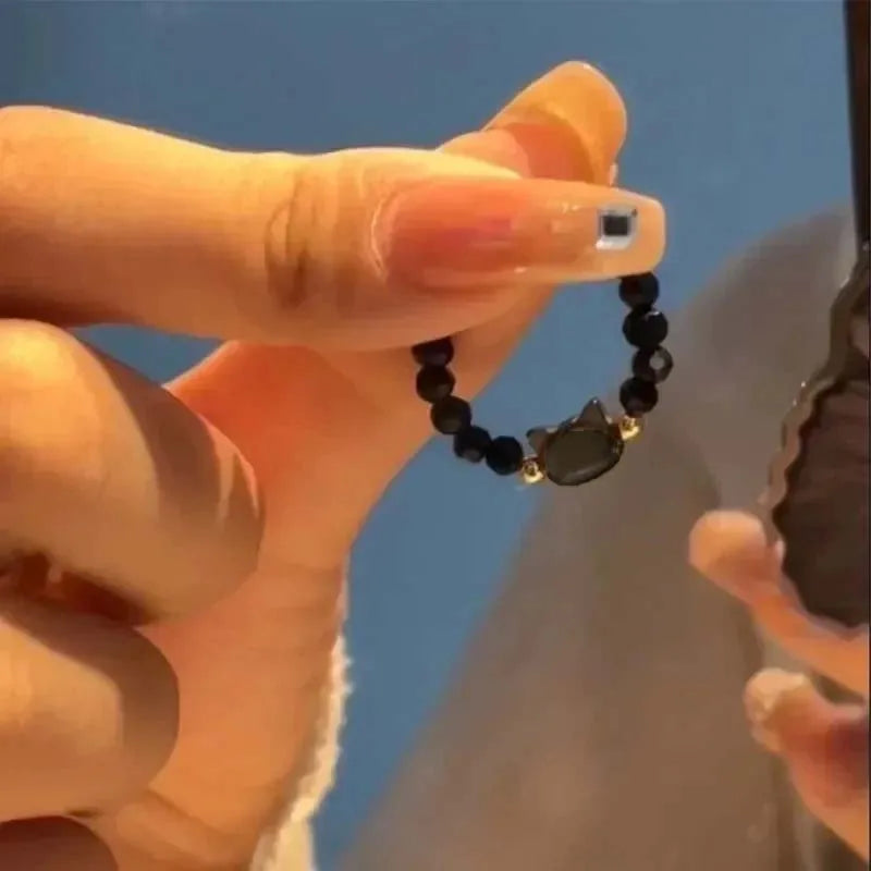 Natural Moonstone Obsidian Cat Rings - Minimalist Beaded Fidget Rings Black & White Couple Jewelry for Women & Men Party Accessories