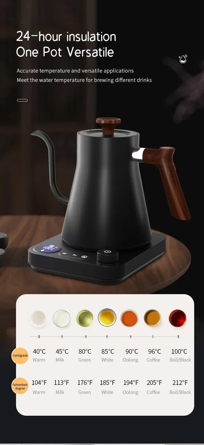 Electric Gooseneck Kettle 900ml — Smart Hand Brew Coffee Pot with Temperature Control & Rapid Heating, 110V/220V