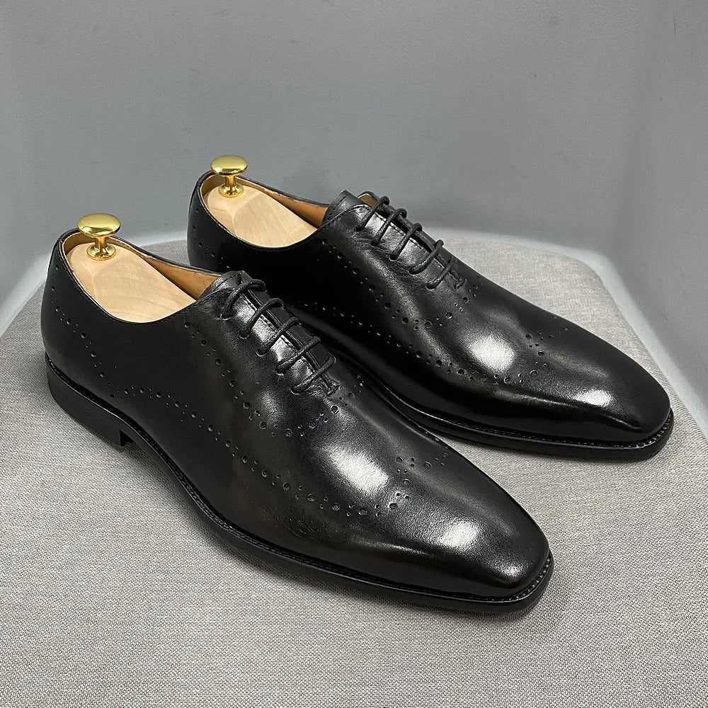 Men’s Genuine Calf Leather Oxford Shoes - Luxury Wingtip Lace-Up Business Brogue Dress Shoes