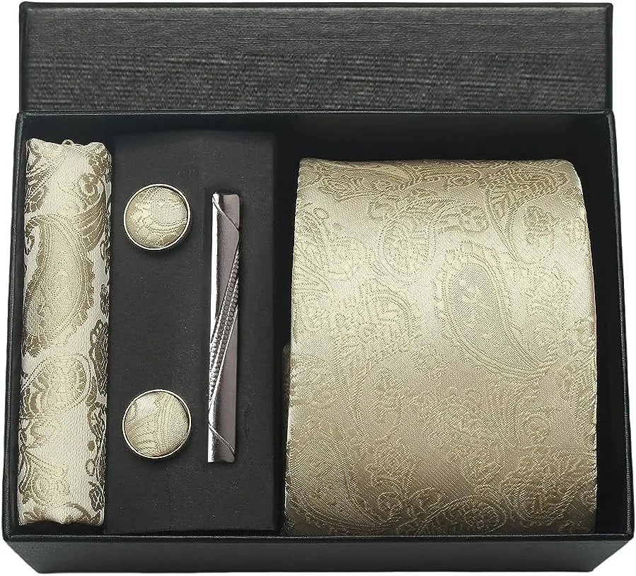 100% Silk Paisley Floral Necktie Set for Men - Premium Business Tie with Pocket Square Tie Clip Cufflinks Gift Box