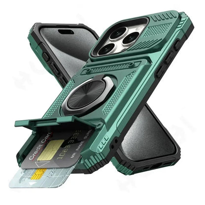 Magnetic Ring Kickstand iPhone Case - Heavy Duty Drop Protection Wallet Cover for iPhone 7-16 Series