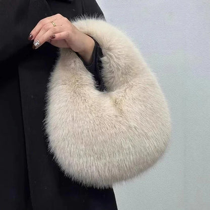Plush Half Moon Bag - Soft Faux Fur Women's Handbag Winter Luxury Shoulder Purse