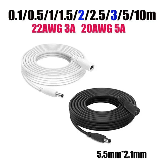 DC Power Extension Cable - 5.5x2.1mm Male Female Jack Cord for LED Strip, CCTV Camera & 5V/12V Devices