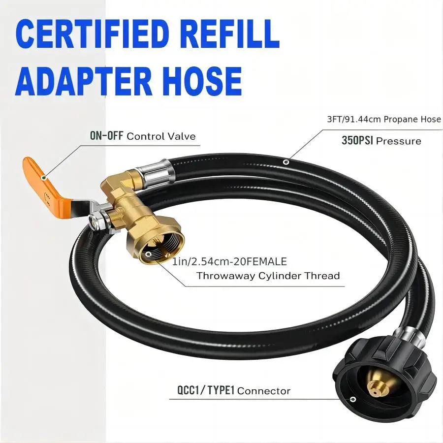 Propane Tank Refill Adapter Kit - 3ft Hose with Safety Shutoff Valve for 1 lb Bottles