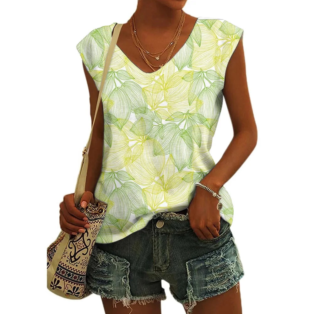 Women’s Floral Print T-Shirt - V Neck Cap Sleeve Loose Fit Summer Beach Top with Breathable Casual Style