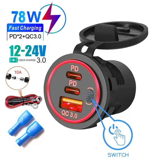 QC3.0 + PD 78W Car Charger Socket Triple USB Type-C Fast Charging Power Adapter with Switch Waterproof 12V/24V Universal Car Charger