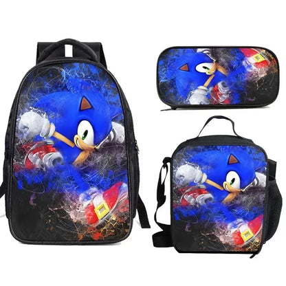 3PC Cartoon School Bag Set – Sonic Lunch Bag, Pencil Case & Backpack for Primary & Middle School Students