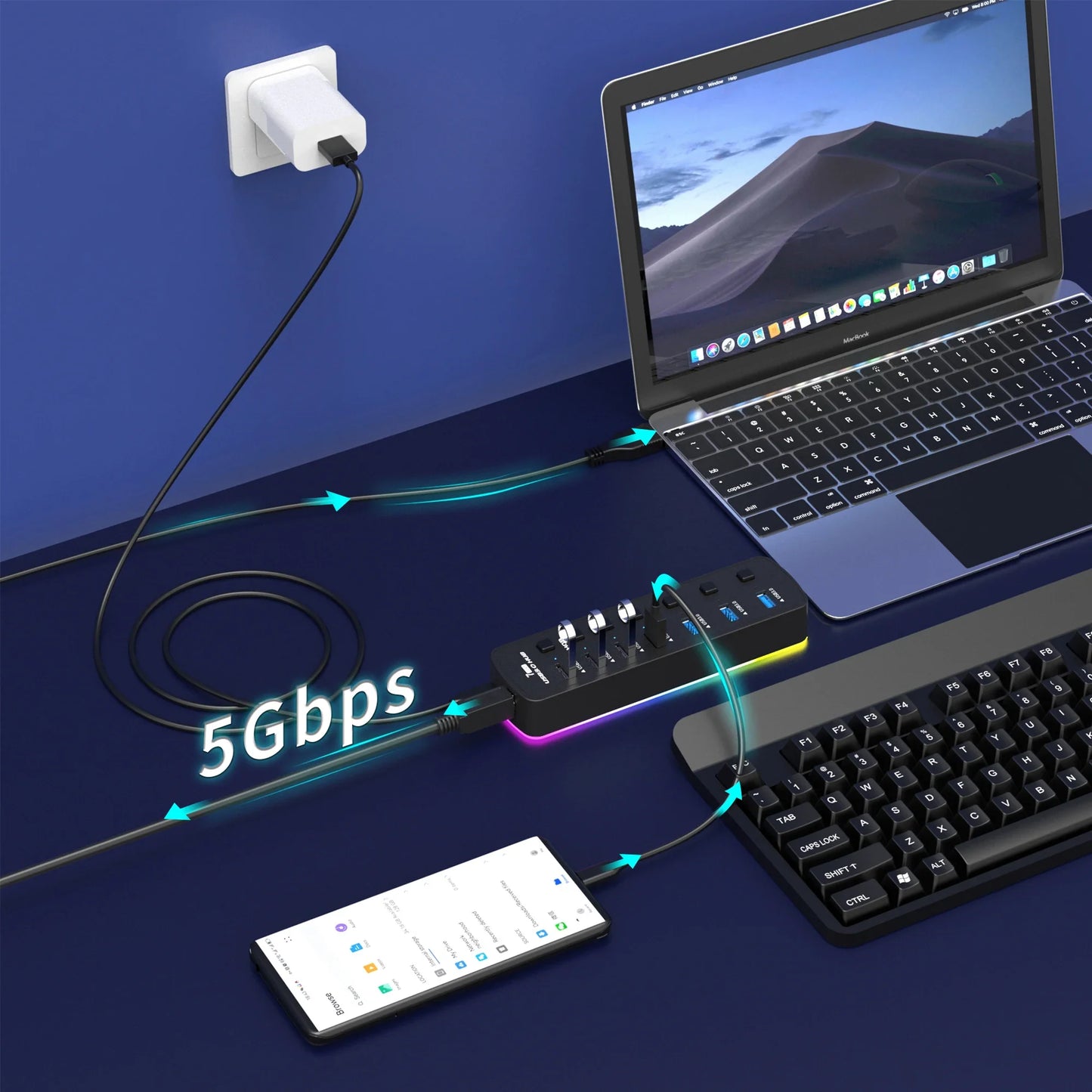RGB 7-Port USB 3.0 Hub – 5Gbps Data Splitter with Individual On/Off Switch for Laptop & PC Gaming