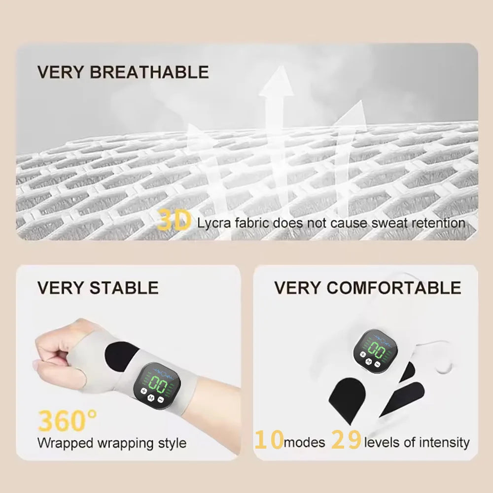 EMS Hand & Wrist Massager - Cordless 10-Mode Vibration Massage Brace with USB Rechargeable Design