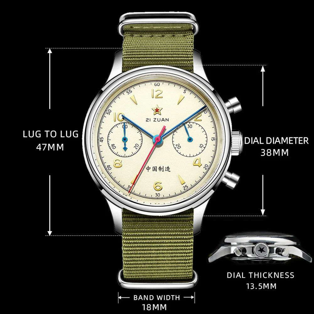 RED STAR 1963 Men's Chronograph Watch - 38mm Pilot Design with Seagull ST1901 Movement & Sapphire Glass