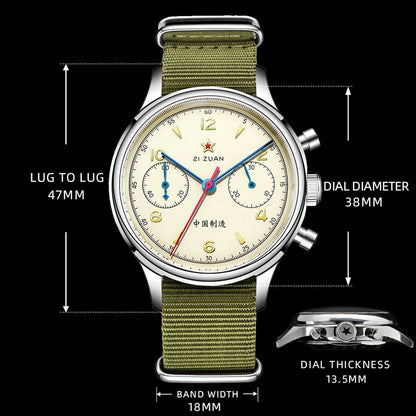 RED STAR 1963 Men's Chronograph Watch - 38mm Pilot Design with Seagull ST1901 Movement & Sapphire Glass