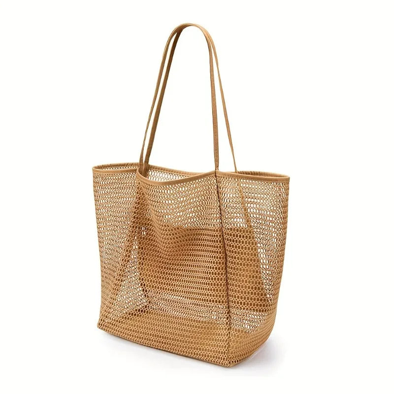 Women's Large Capacity Beach Tote Bag - Durable Polyester Woven Shoulder Bag for Travel & Shopping