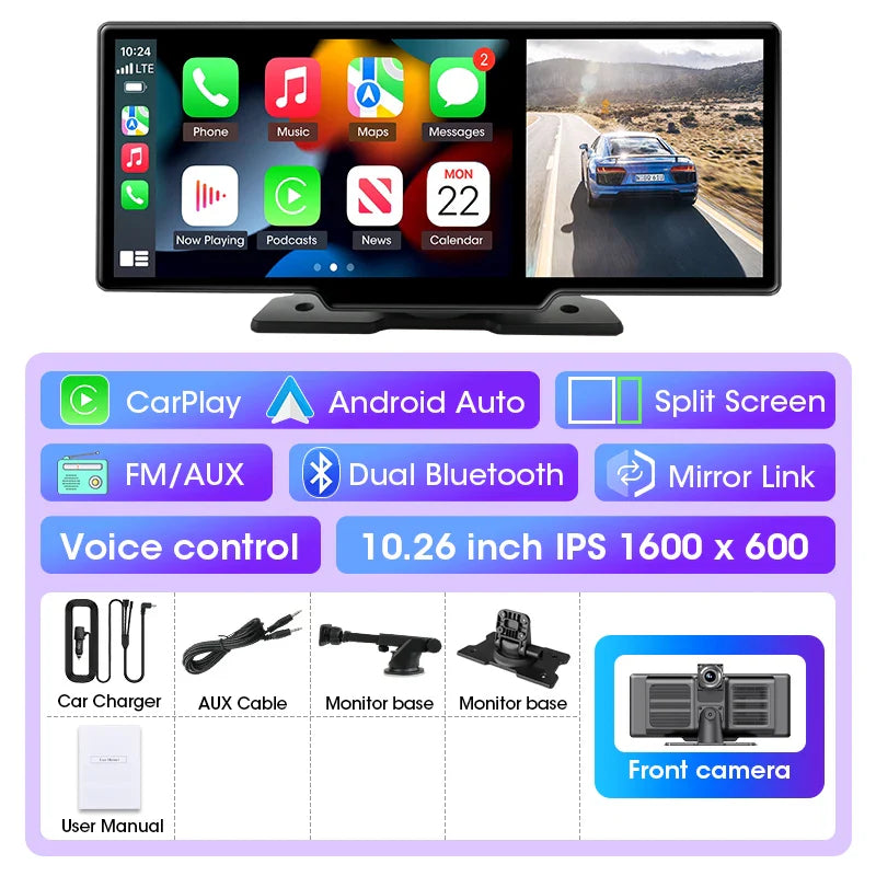 10/11.26" 4K Dash Cam — Dual-Lens Car DVR with Wireless CarPlay, Android Auto, GPS, WiFi, FM & AUX Video Recorder