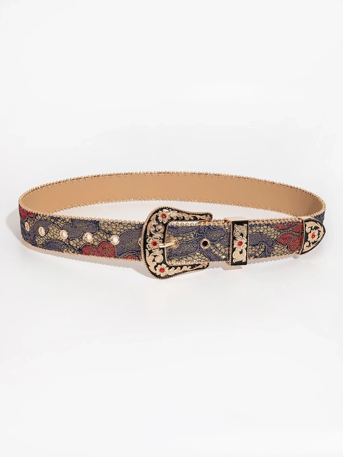 Women’s Gemstone Buckle Belt - Vintage Palace Style Floral Embroidery PU Fashion Accessory