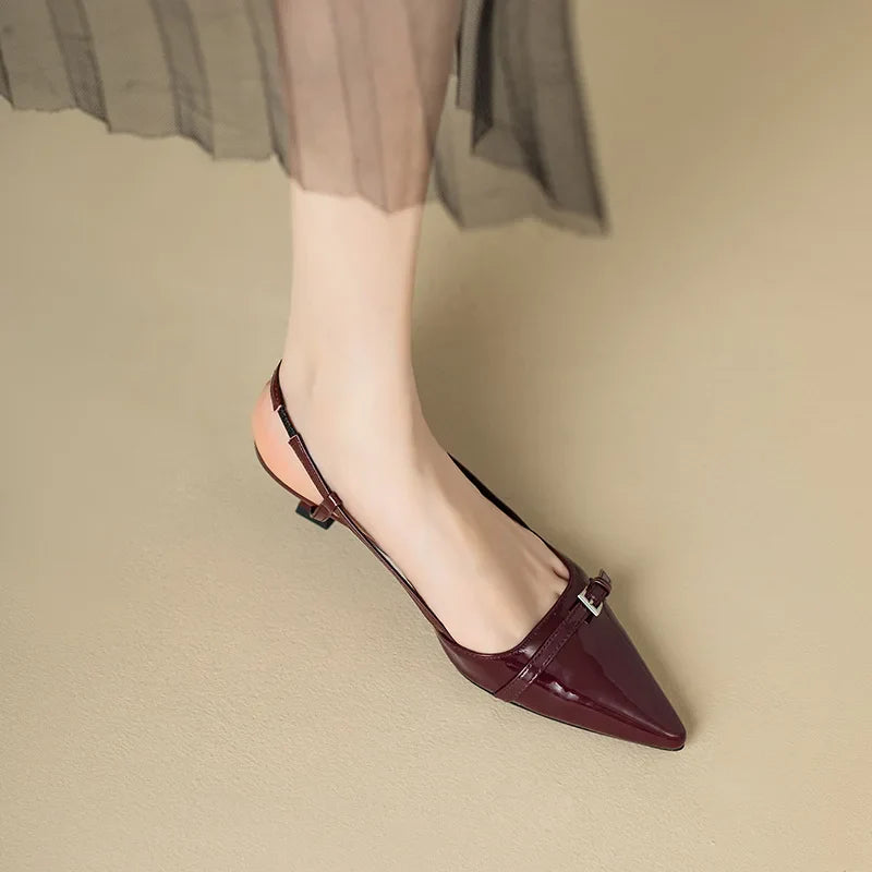 2024 Summer French Wine Red Pointed Patent Leather Mid-Heel Sandals for Women - Retro Skinny Heel