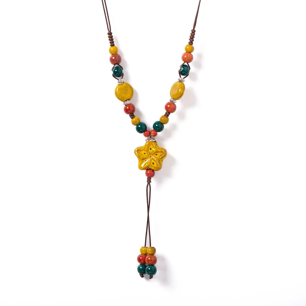 Handmade Ceramic Star Pendant Necklace - Adjustable Long Boho Blue Gem Jewelry for Women