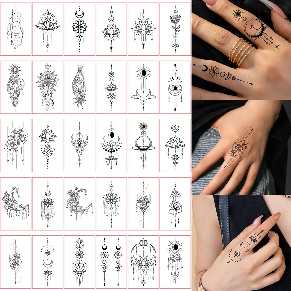 30pcs Black Temporary Tattoo Stickers - Flower Butterfly Rose Moon Star Mandala Designs for Hand, Chest & Body Art