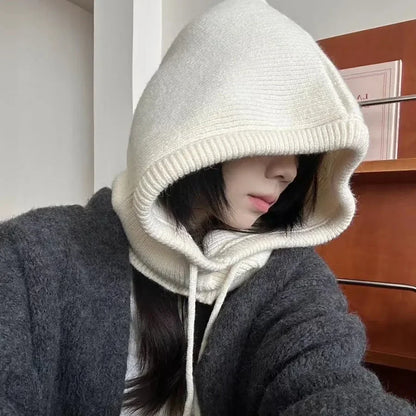Knitted Hooded Balaclava Hats for Women – Korean Style Winter Outdoor Warmer, Drawstring Neck Collar Beanie Cap