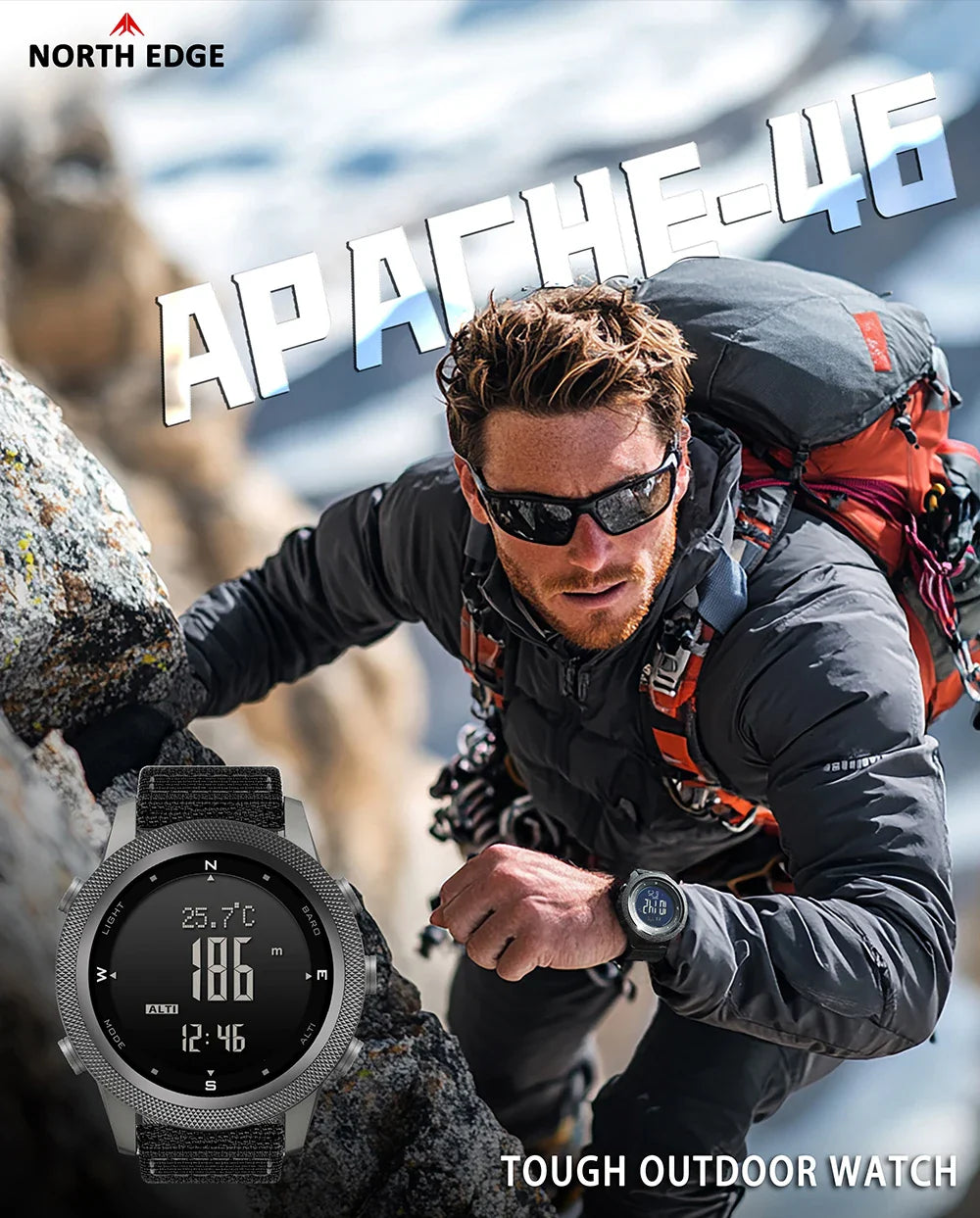 NORTH EDGE APACHE-46 Men’s Digital Outdoor Watch – Altimeter, Barometer, Compass, WR50M Sports Watch
