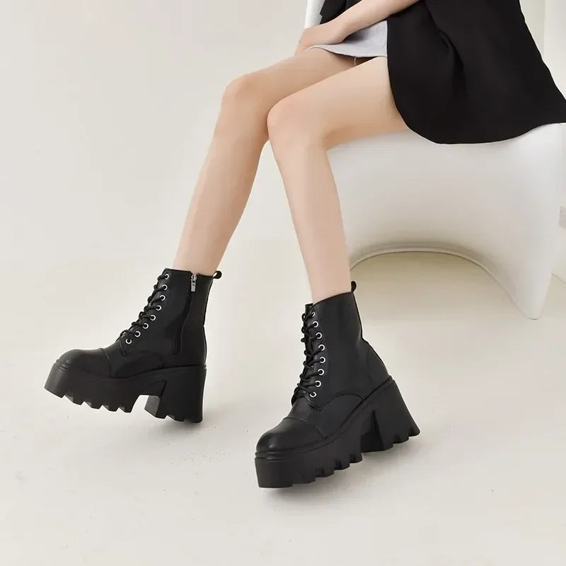 Women’s Plus Size Winter Ankle Boots - Platform Square Heel Lace-Up Shoes with Side Zipper