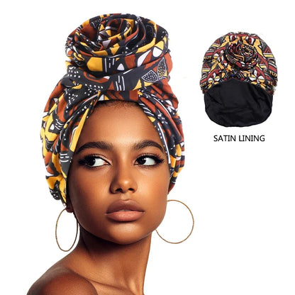 African Satin Lined Turban Cap - Floral Print Big Flower Headwrap Bonnet for Women Muslim Headscarf Beanie Hat
