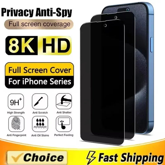Privacy Screen Protector 2PCS - Full Cover Anti-Spy Tempered Glass for iPhone 7 to iPhone 16 Series