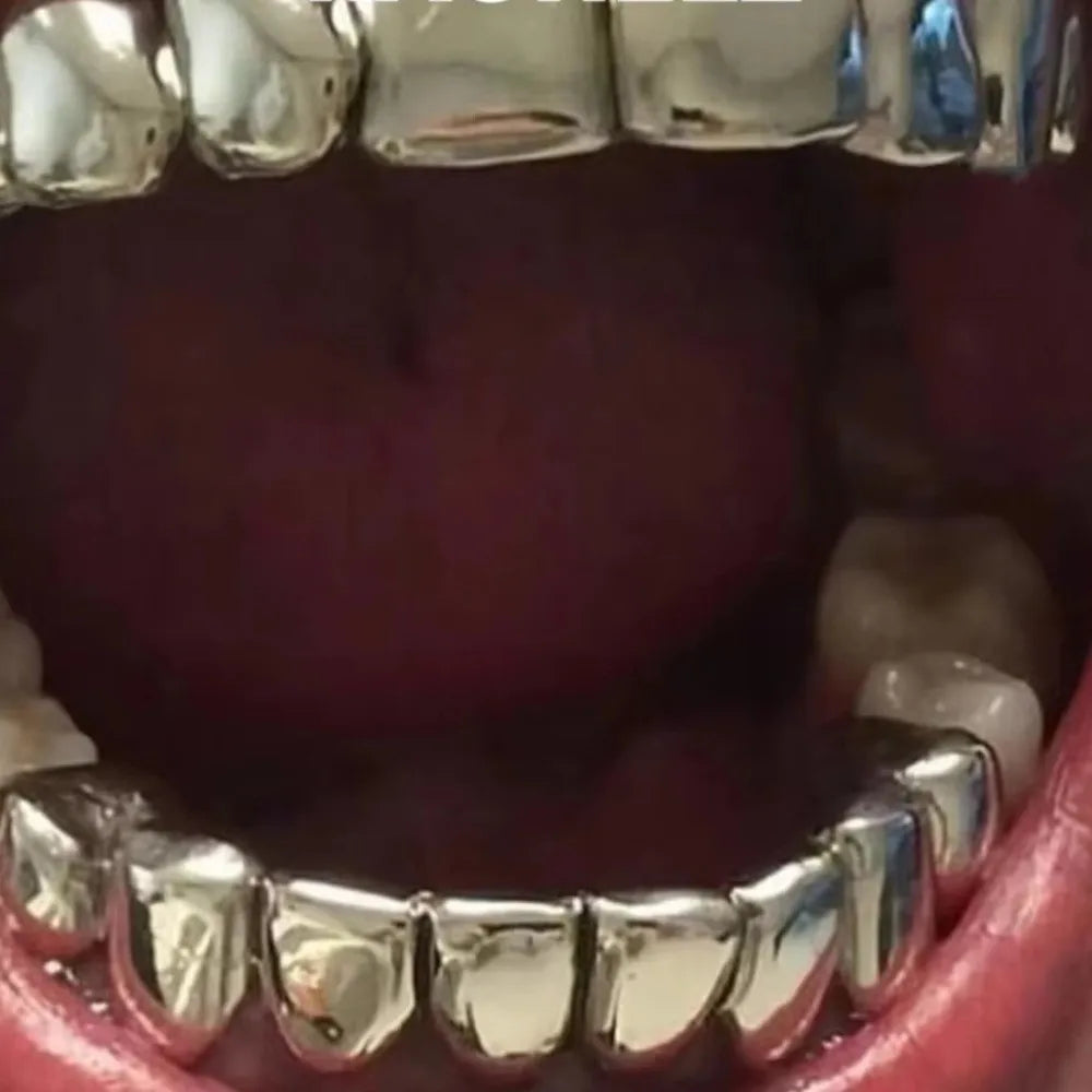 Glossy Teeth Grillz Set - Top & Bottom Anti-Slip Copper Dental Caps Gold Silver Halloween Jewelry Accessory