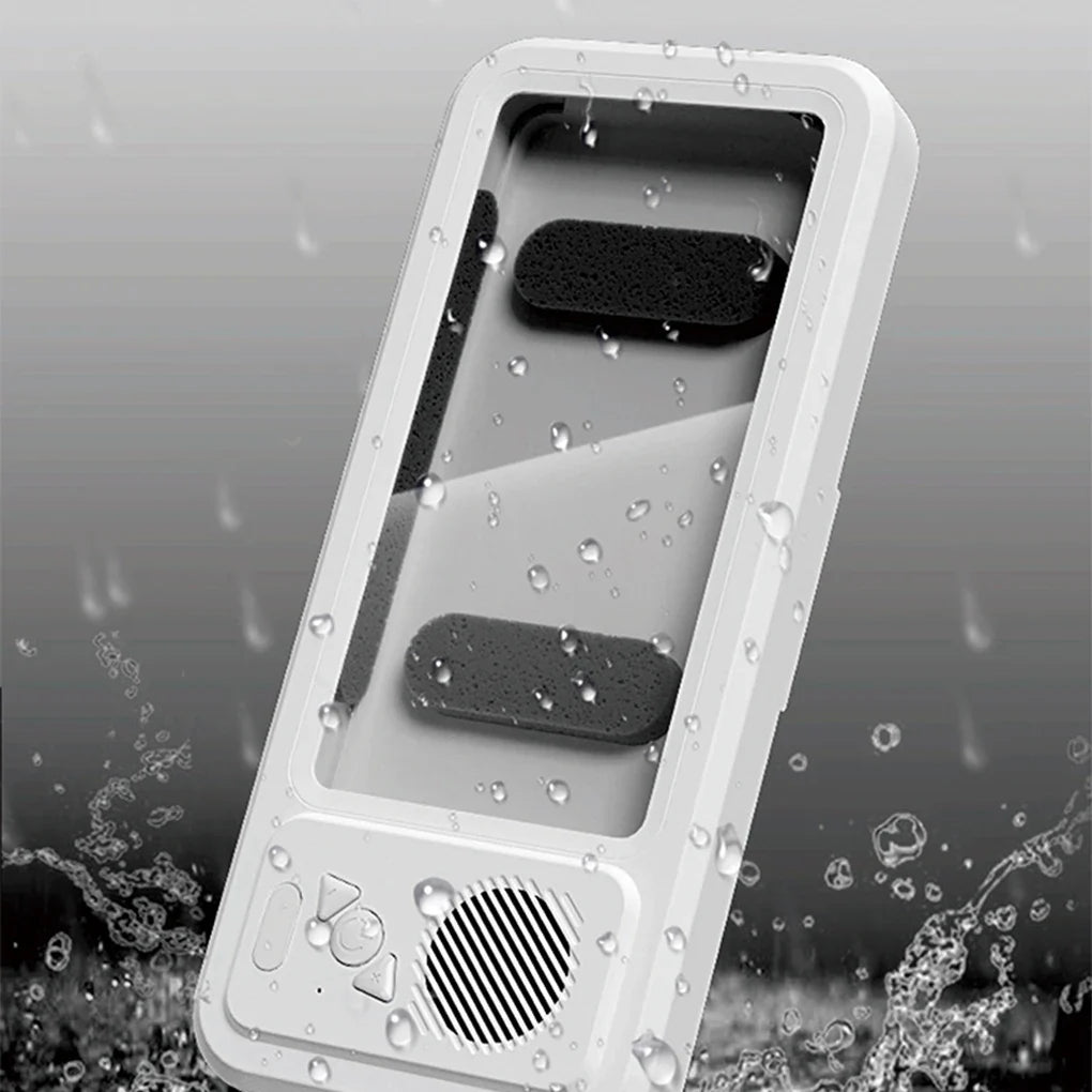 Waterproof Bathroom Phone Holder with Bluetooth Speaker – 360° Rotating Touch Screen Stand for Bath & Shower Entertainment
