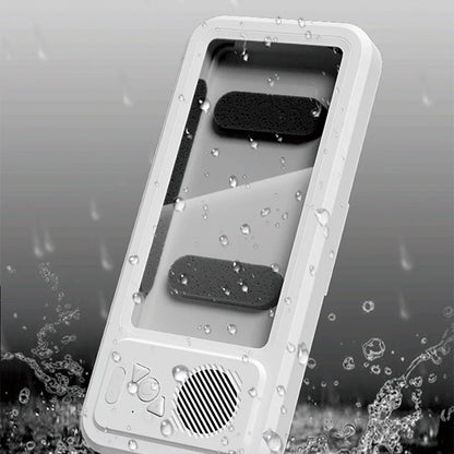 Waterproof Bathroom Phone Holder with Bluetooth Speaker – 360° Rotating Touch Screen Stand for Bath & Shower Entertainment