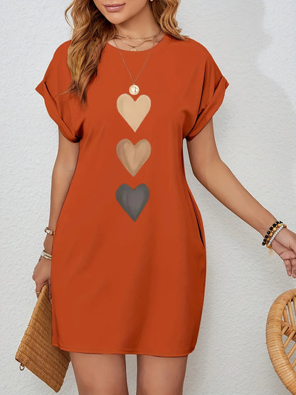 Women’s Heart Print Knit T-Shirt Dress - Casual Short Sleeve Crew Neck Top with Colorful Flag Design