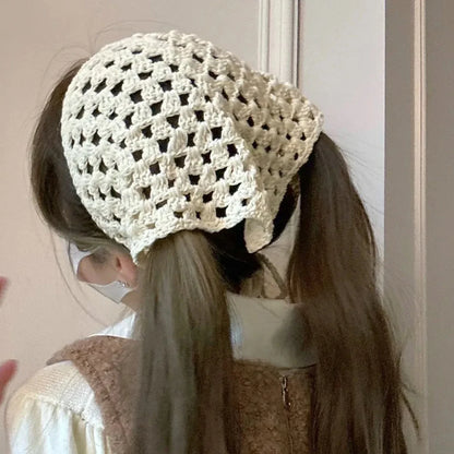 Women’s Beige Crochet Hair Scarf - Sheer Mesh Triangle Bandana Retro Headwrap & Neck Accessory
