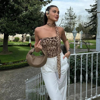 Women’s Tulle Leopard Print Off-Shoulder Top – Summer Casual Bandeau Blouse with Straight-Cut Neckline