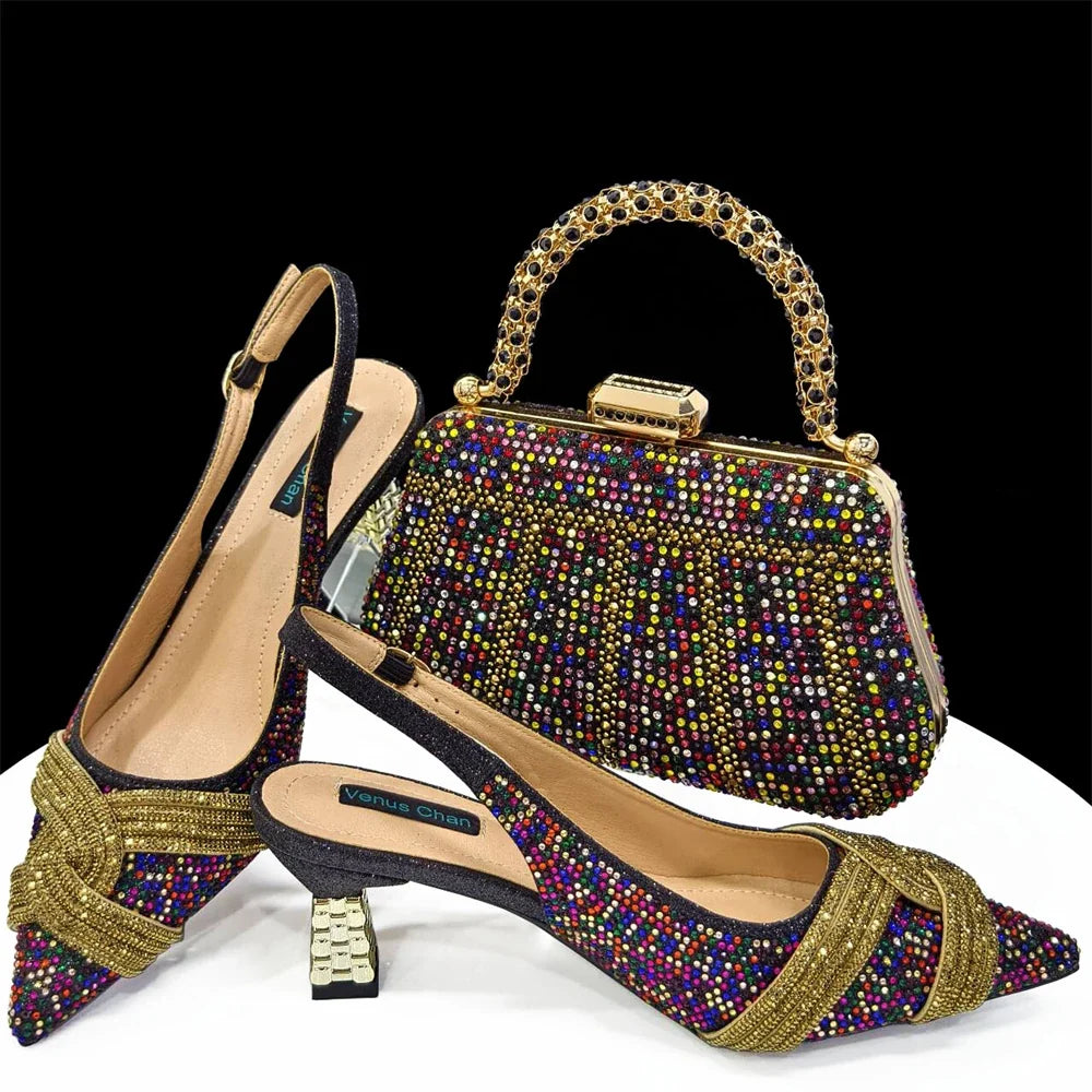 Venus Chan Women’s Champagne Shoe & Bag Set - Rhinestone Heels and Handbag for Nigerian Parties & Weddings
