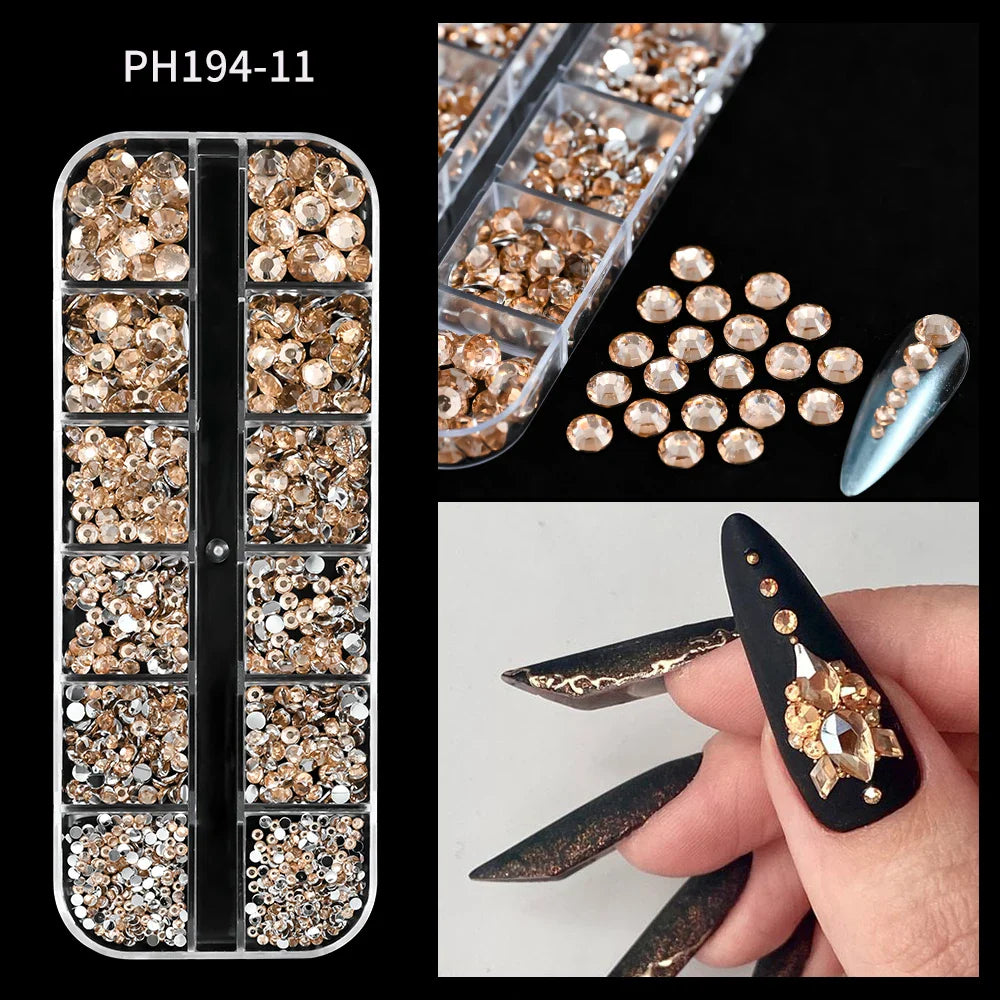 12-Grid Mixed Nail Rhinestones SS6-SS30 – Shiny Flat-Back Gems in Clear, Gold, Pink & Blue for Nail Art Decoration