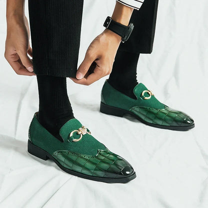 Autumn Green Nubuck Leather Loafers for Men - Slip-On Pointed Toe Casual Shoes with Thick Sole and Luxury Fashion Style