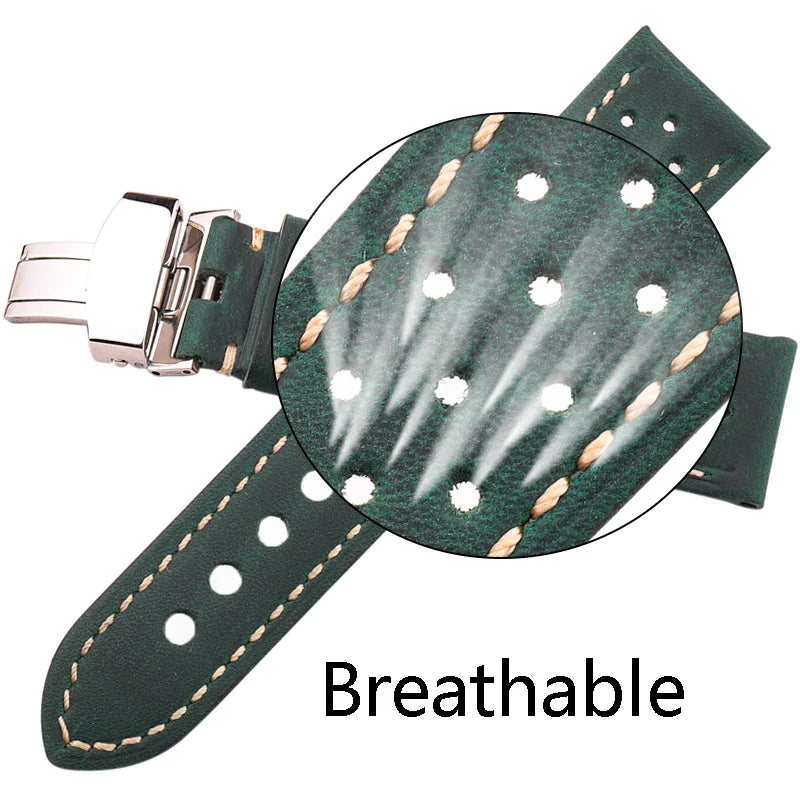 Genuine Leather Watch Band 20mm 22mm 24mm — Vintage Cowhide Strap with Deployment Clasp for Samsung Galaxy Watch 3/4