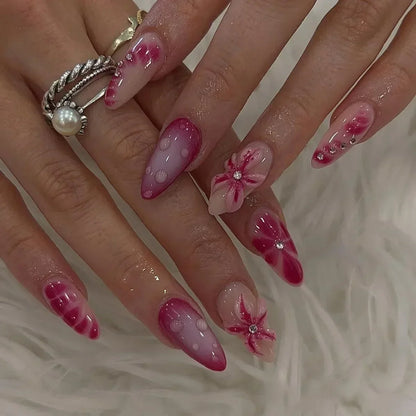 24PCS Pink Almond Press On Nails - Butterfly Ballet French Design Artificial Nail Tips for Stylish Nail Art