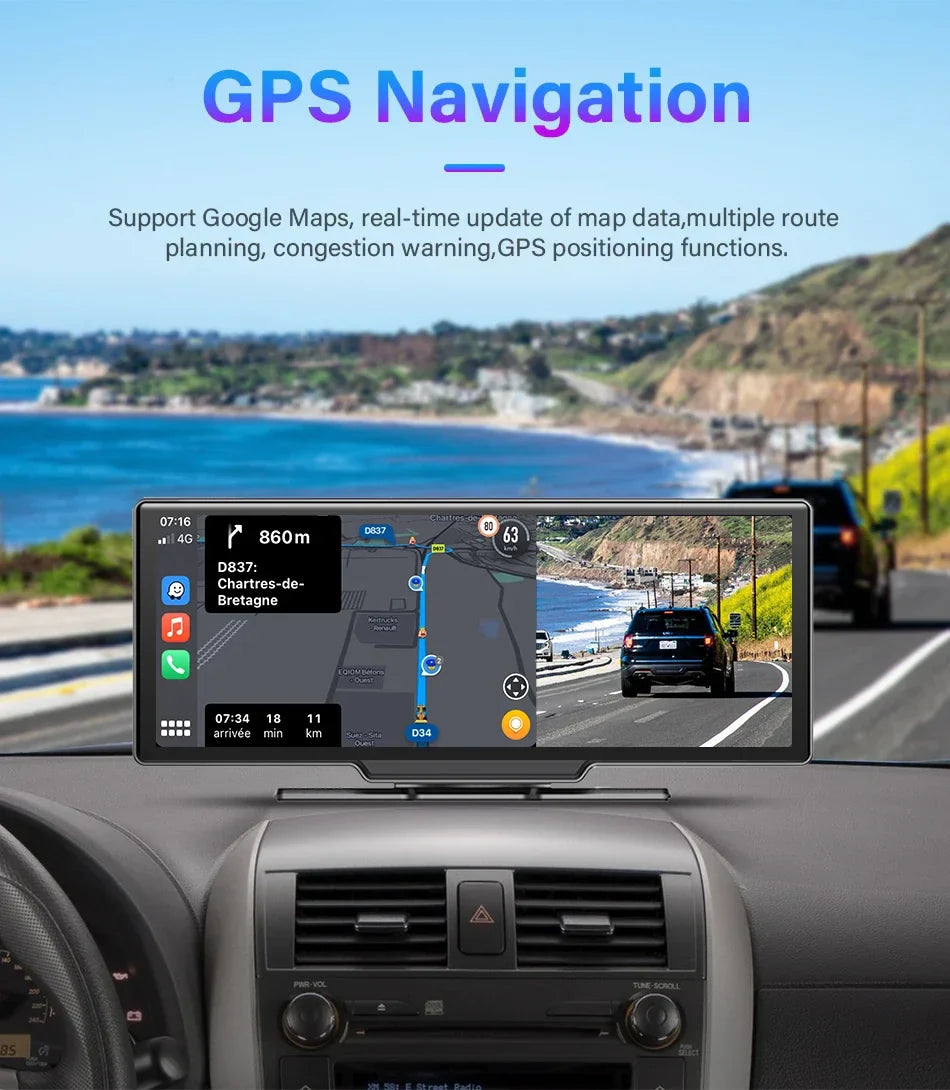 10.26'' 4K Dash Cam Car Mirror Video Player - Wireless CarPlay, Android Auto, GPS, and Rearview Camera Monitor