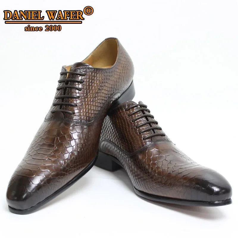 Men's Luxury Oxford Shoes - Snake Skin Print Leather Pointed Toe Lace-Up Formal Dress Shoes