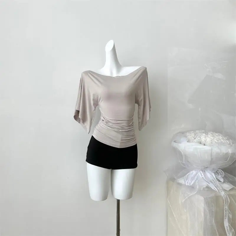 Women’s High Stretch Slash Neck Top - Slim Fit Flare Sleeve Pleated Summer Solid Color T-Shirt