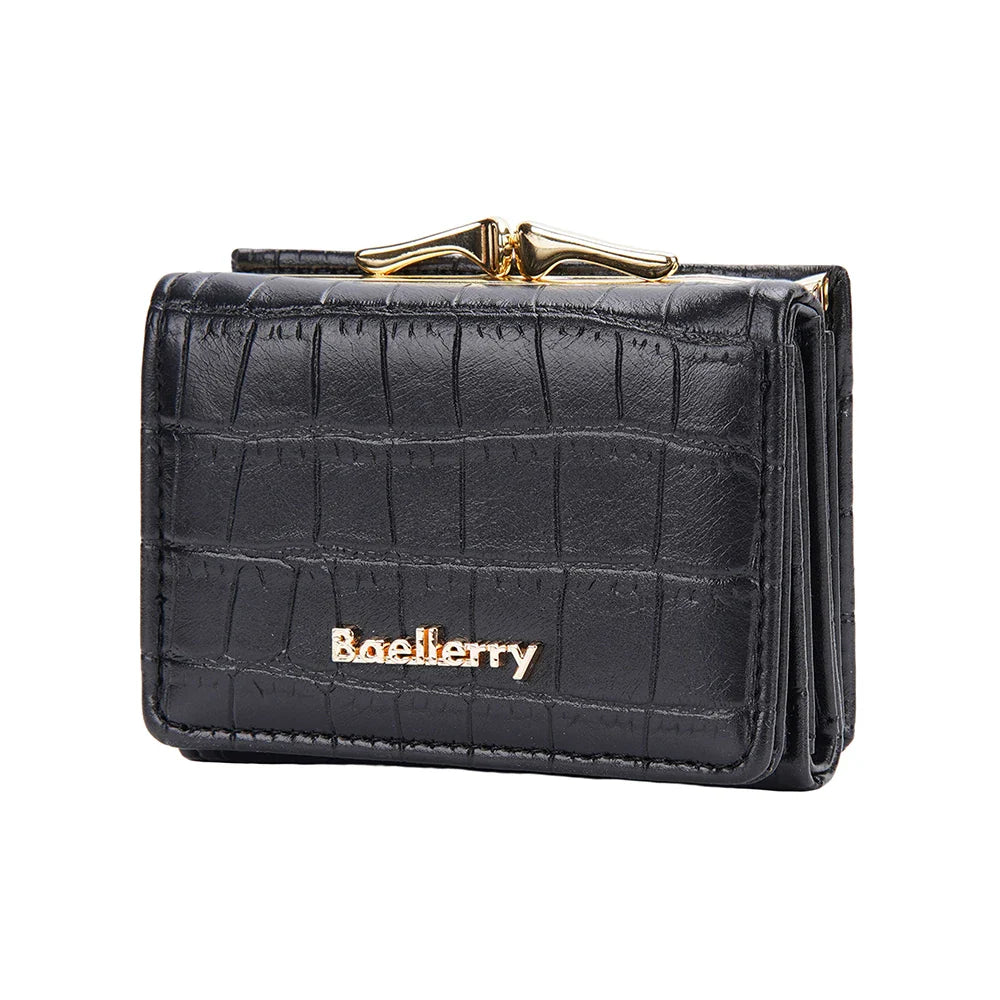 Baellerry Short Women’s Wallet — Crocodile Pattern Coin & Card Holder with Photo Slots, Hasp Purse for Girls