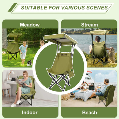 YOUNG WOOD Portable Camping Chair with Shade Canopy – Lightweight Foldable Oversized Beach & Outdoor Chair for Camping, Travel & Relaxation