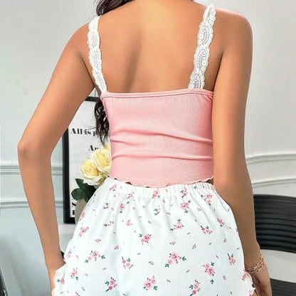 Women's 2-Piece Pajama Set – Pink Lace V-Neck Cami Top & Printed Shorts Sleepwear Loungewear